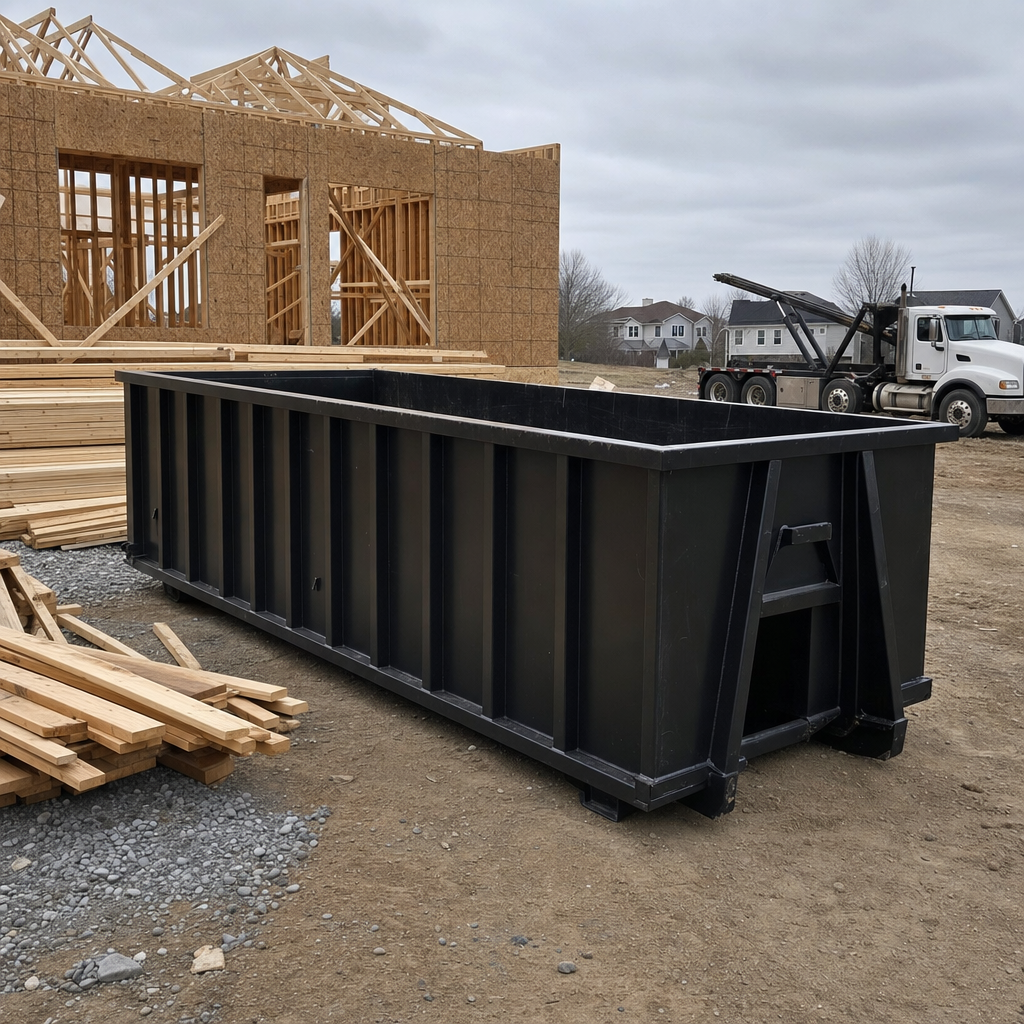 Matte-black 40-yard roll-off dumpster staged on a framed-out residential construction site in Pharr, framing lumber stacked nearby, hooklift delivery truck visible in the background under bright Colorado daylight