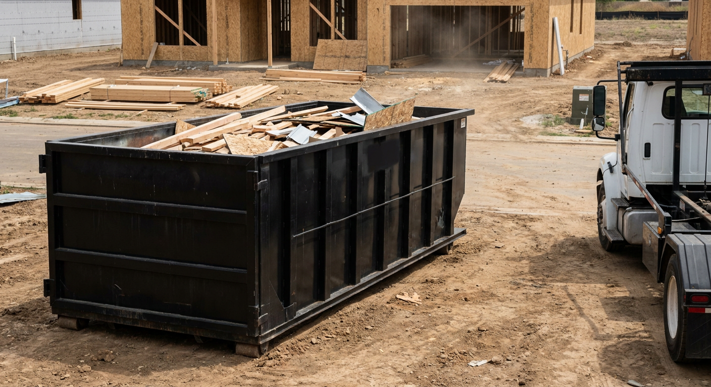 Matte-black 20-yard roll-off construction dumpster with heavy ribbed steel sidewalls and swing rear doors at a working jobsite in Pharr, sitting directly on compacted dirt with an unmarked white hauler partially visible at the far edge of the frame.