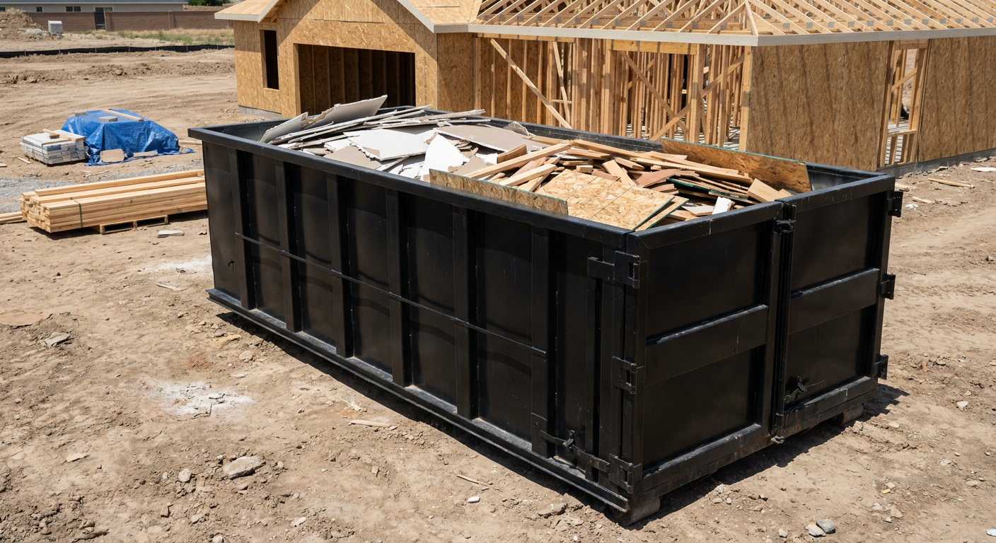 Matte-black 30-yard roll-off construction dumpster sitting directly on the compacted-dirt site of a framed single-family home build in Pharr, drywall and lumber scrap loaded inside.
