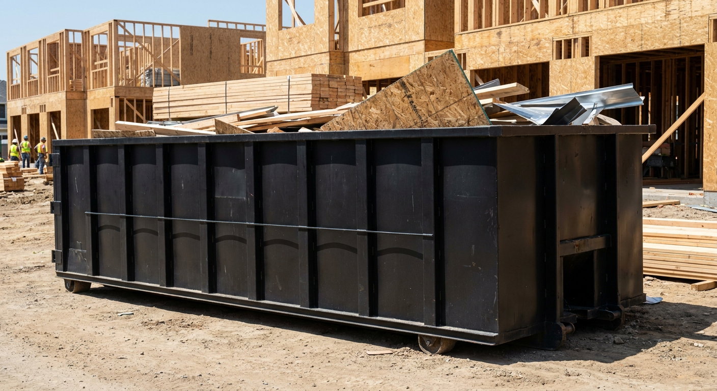 Matte-black 40-yard roll-off construction dumpster being lowered from a white-cab hooklift delivery truck onto the compacted-dirt jobsite at a commercial build site in Pharr