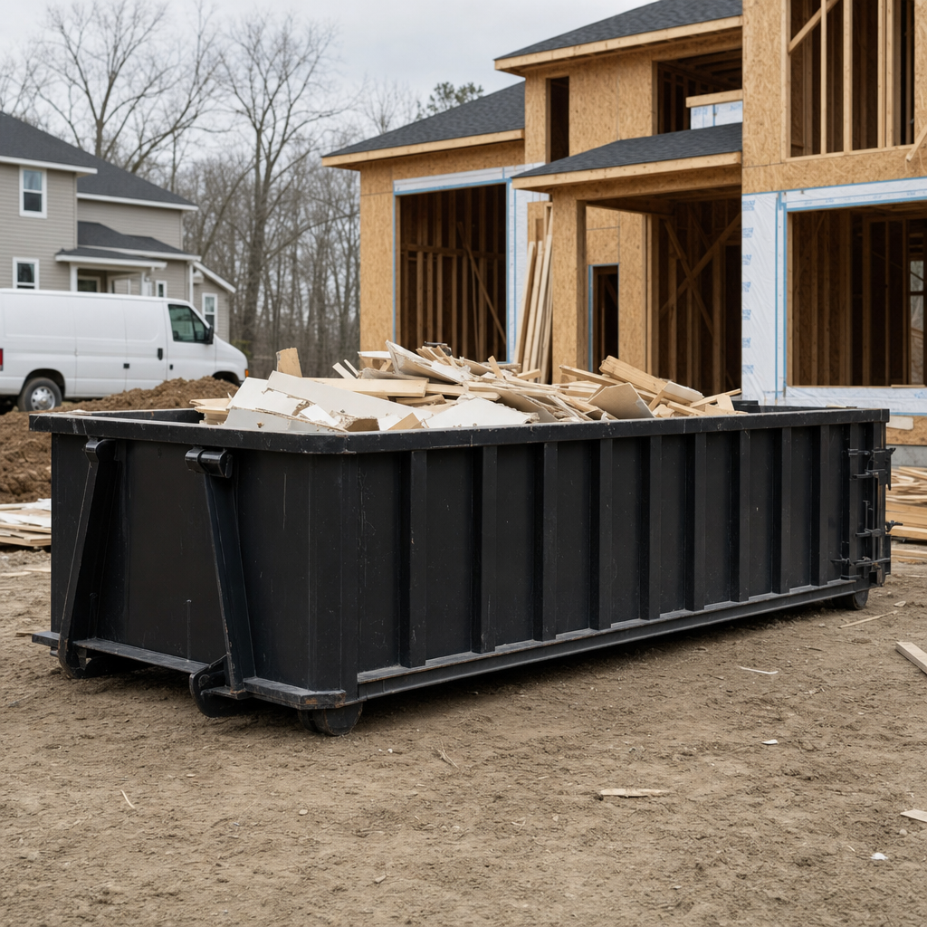 Worker in a yellow high-visibility vest tossing framing lumber and broken drywall into a matte-black 30-yard construction roll-off dumpster on an active build site in Pharr, bright daylight