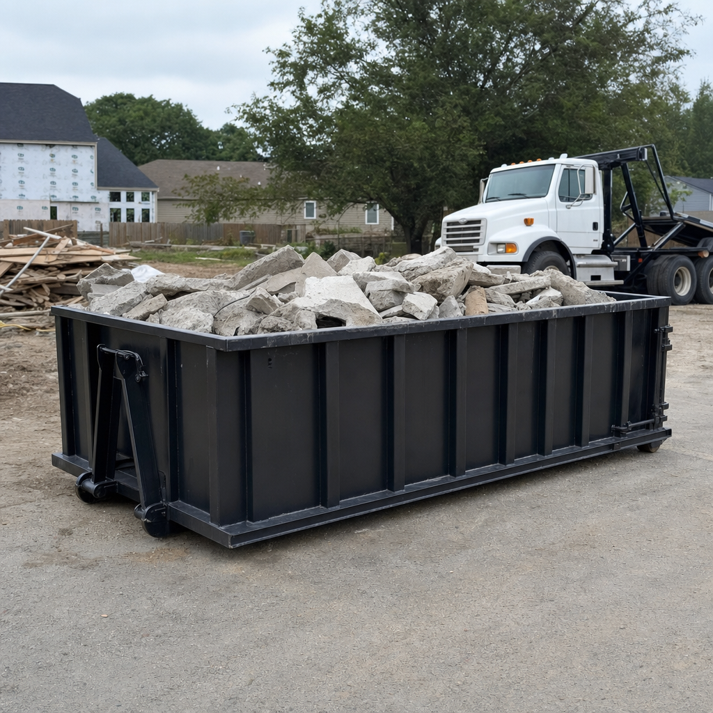 Low-profile matte-black lowboy roll-off dumpster loaded with broken concrete slab and rebar at a foundation tear-out in Pharr, skid steer parked beside it, sunny Colorado morning