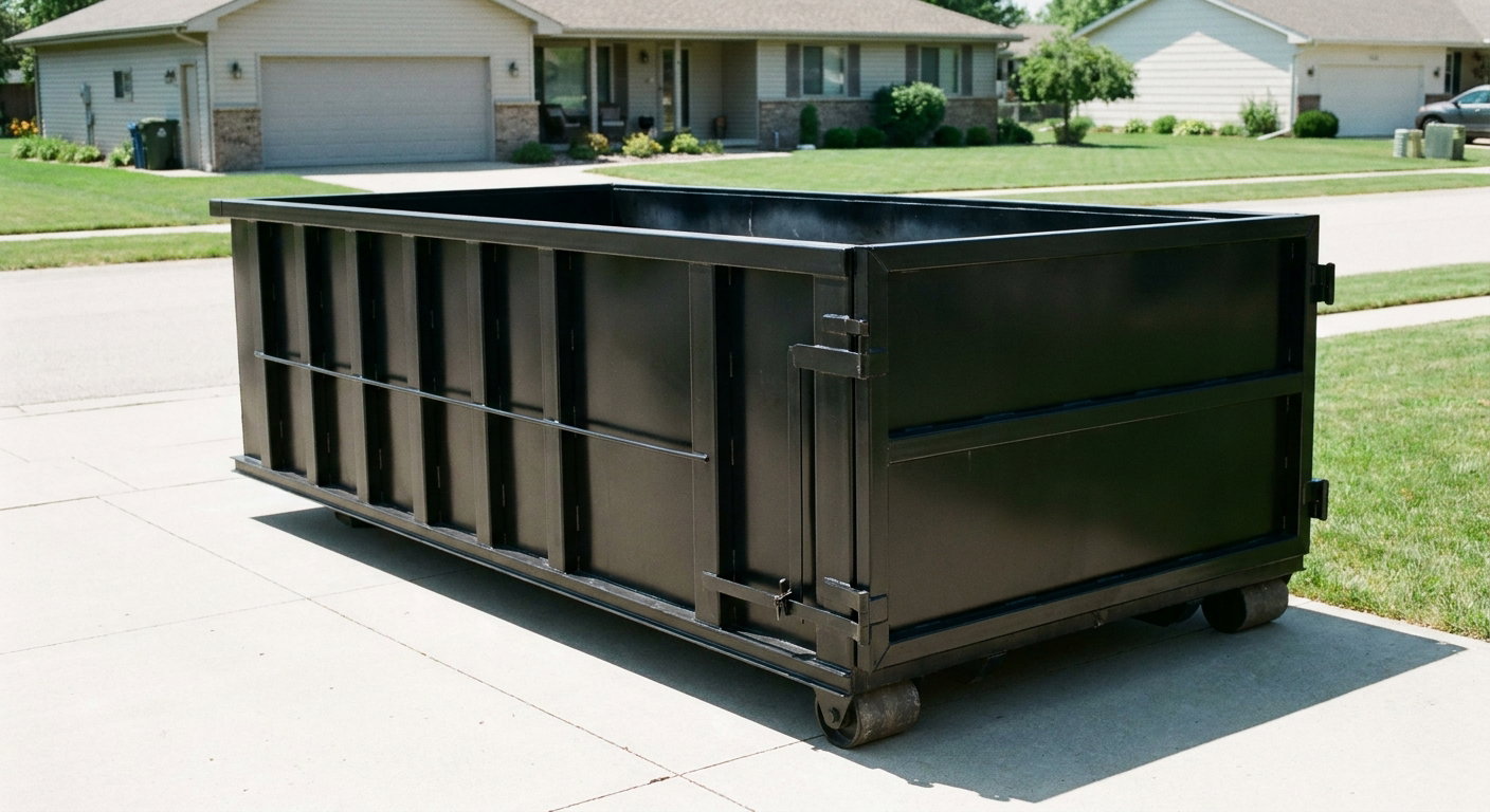 Matte-black 10-yard roll-off dumpster on a residential concrete driveway in Pharr, uniformly painted matte black across every panel and rail, ribbed steel sidewalls and rear swing door visible, mid-day daylight.