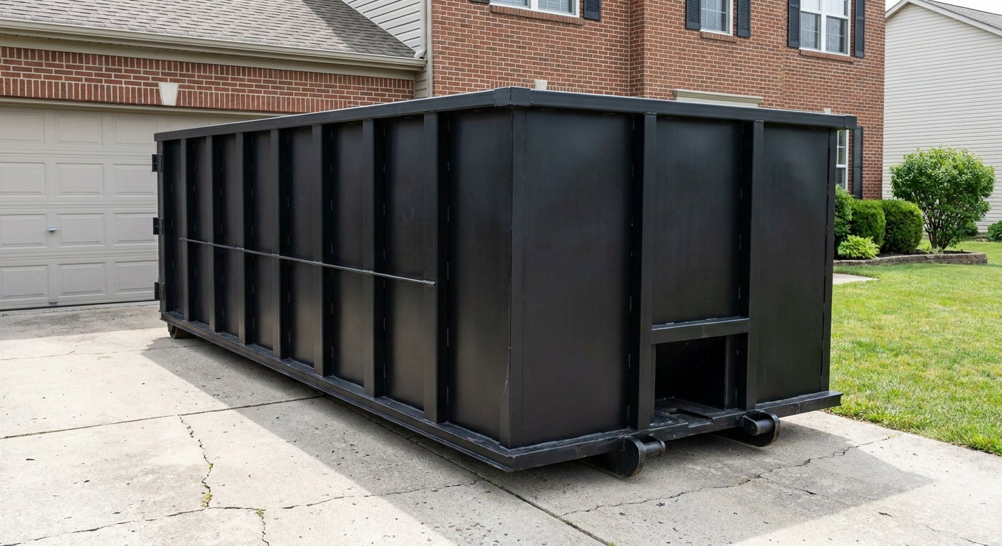 Matte-black 20-yard roll-off container on a Pharr residential concrete driveway with reinforced ribbed steel sidewalls and a hinged rear walk-in door, clean bright daylight.