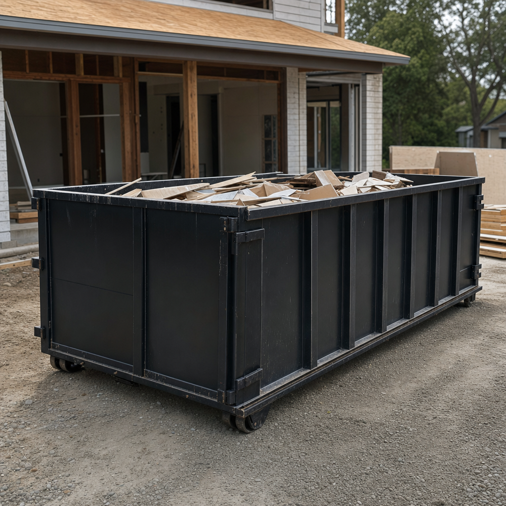 Large matte-black 30-yard construction roll-off dumpster at an active Pharr jobsite, steel-gray top rails and bottom rollers visible, loaded with construction debris.