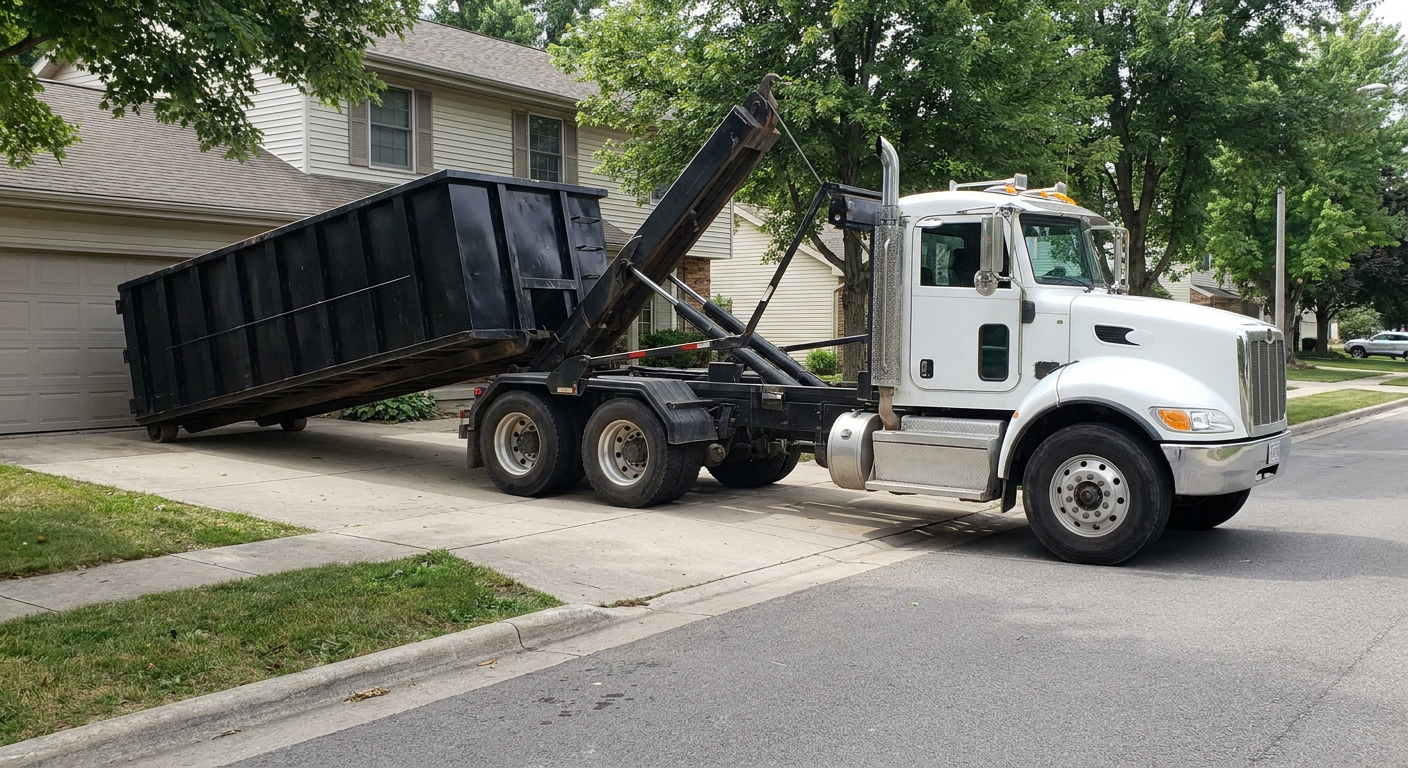 White-cab hooklift roll-off truck actively lowering a matte-black dumpster onto a Pharr residential concrete driveway, the dumpster's rear wheels touching the driveway as the hoist arm tilts the bed forward, mid-morning daylight.