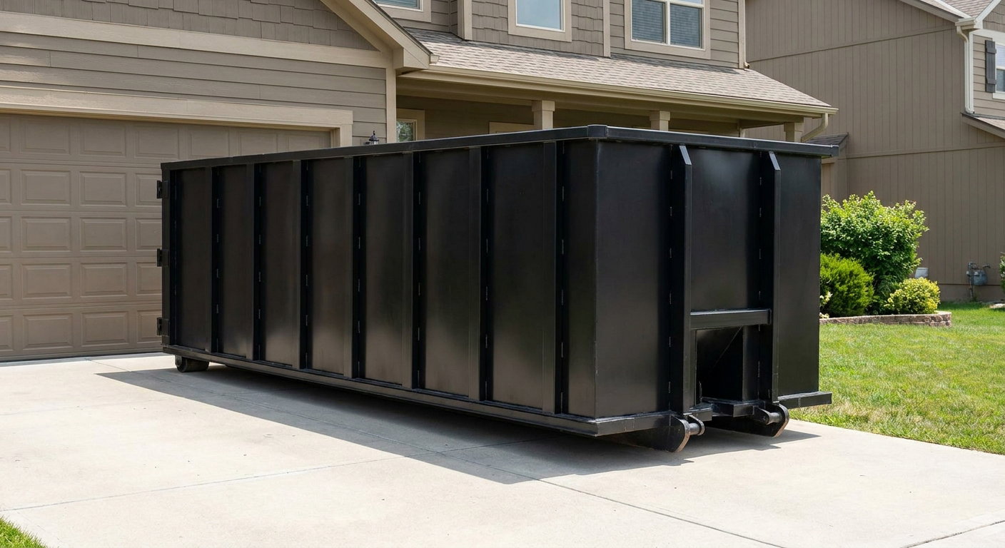 Matte-black residential roll-off dumpster sitting directly on a suburban Pharr concrete driveway, garage door closed, single-family home in background, bright morning daylight.