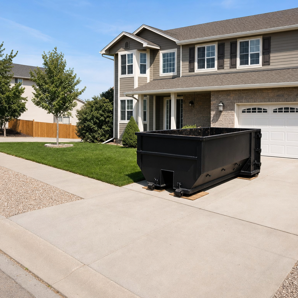 10-yard matte-black residential dumpster placed directly on a narrow Pharr concrete driveway, room remains for a parked sedan beside it, mid-morning natural light