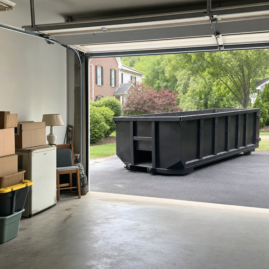 Open garage interior in a Pharr home mid-cleanout — boxed items, an old appliance, and stacked yard tools queued near the driveway for a matte-black roll-off dumpster, organized and calm
