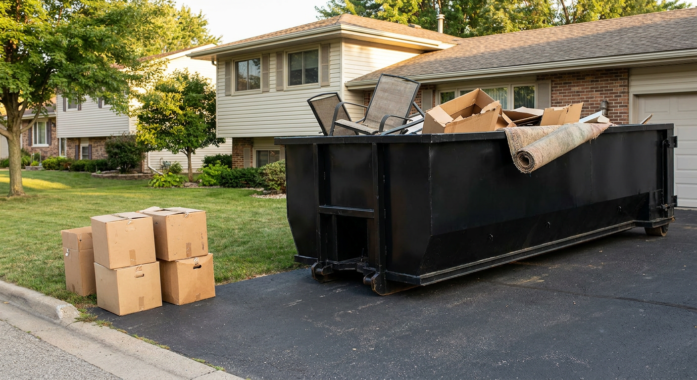 Front-yard view of a Pharr split-level home with a 20-yard matte-black roll-off dumpster sitting directly on the asphalt driveway, a few clearly labeled donation boxes staged at the curb, calm sunny afternoon.