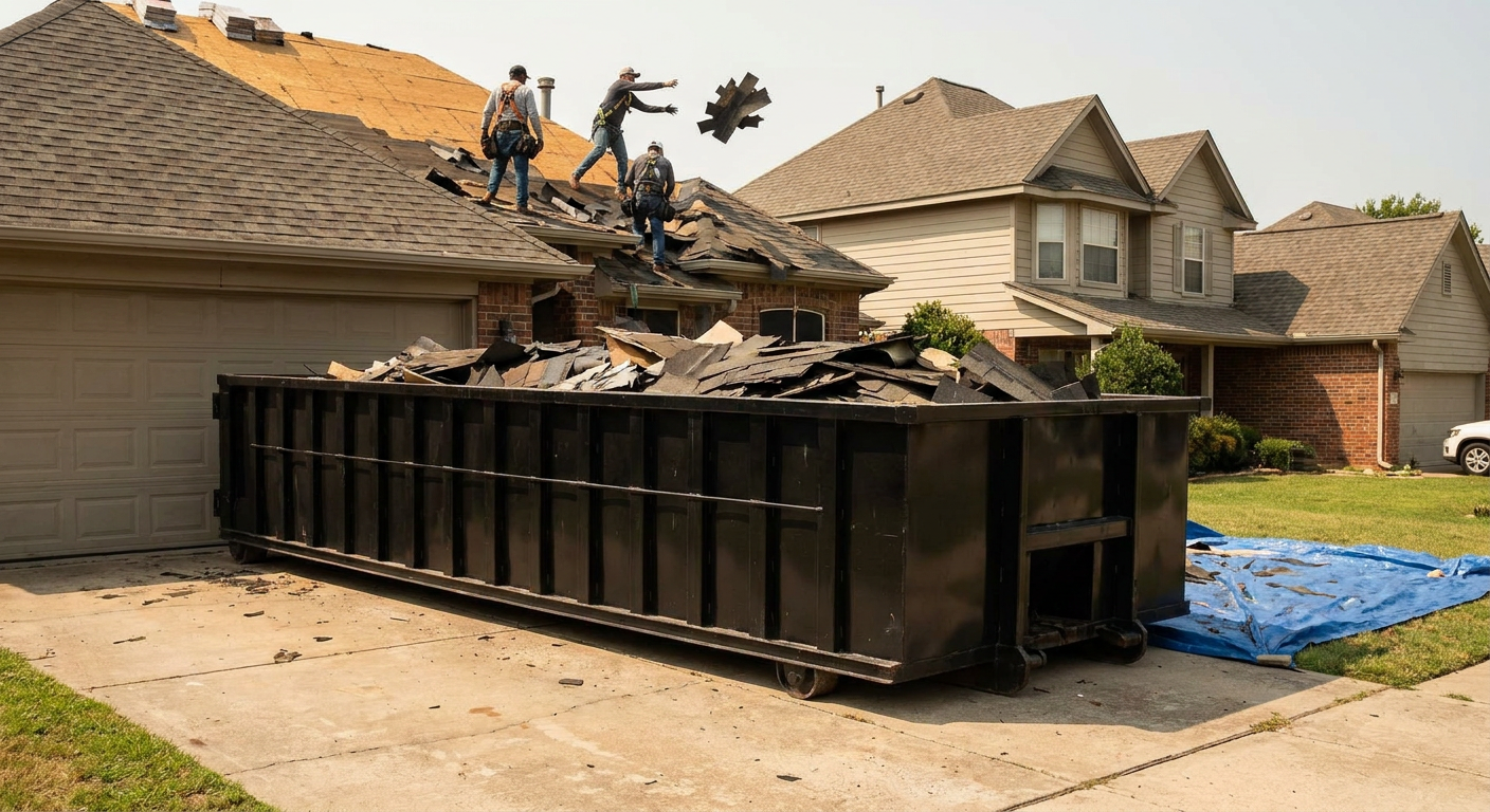 Matte-black roofing roll-off dumpster placed directly on a Pharr residential concrete driveway, a tear-off crew on a two-story asphalt-shingle roof tossing shingle bundles into the low-walled container, bright daylight, documentary 35mm perspective.