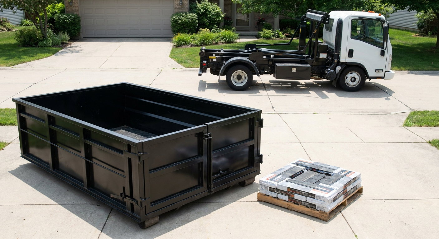 Matte-black 15-yard roofing roll-off dumpster with reinforced low side walls sitting directly on a Pharr residential concrete driveway, three-tab asphalt shingle bundles stacked nearby, an unmarked white hauler truck partially visible at the edge of the frame.