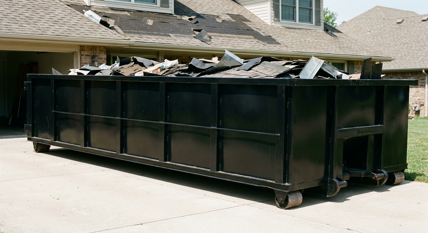 Matte-black 20-yard roofing roll-off dumpster with steel ribbed sides and swinging rear door, sitting directly on the concrete driveway of a two-story Pharr home, asphalt shingle debris being loaded over the low wall, clean documentary lighting.