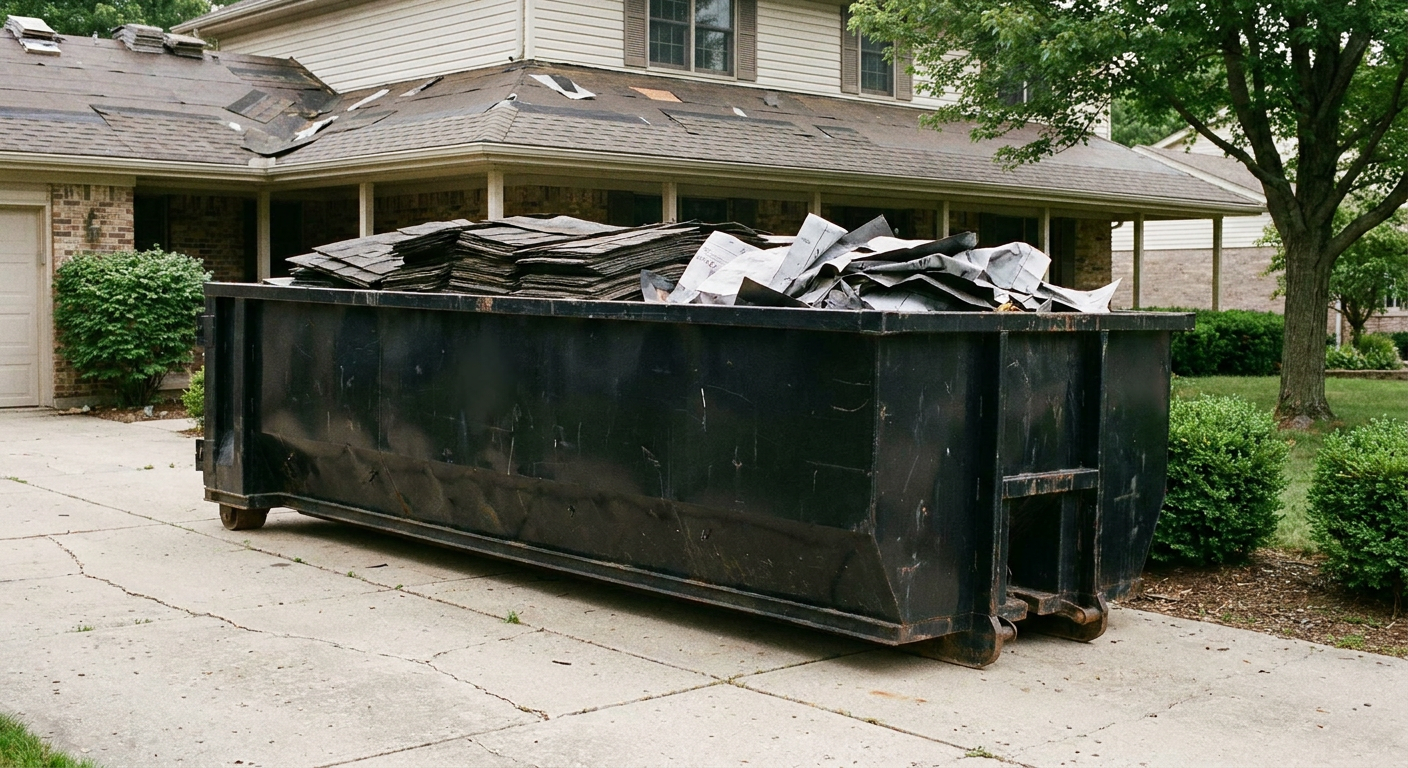 Matte-black 30-yard roofing roll-off dumpster sitting directly on a Pharr concrete driveway, taller ribbed steel side panels, mixed tear-off debris of asphalt shingles and underlayment inside, professional documentary daylight.