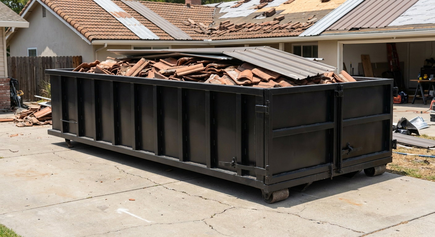 Matte-black low-wall heavy-debris roofing roll-off dumpster sitting directly on a Pharr concrete driveway, broken concrete clay roof tiles and metal panel sections loaded inside, reinforced ribbed steel side walls visible, bright outdoor daylight.