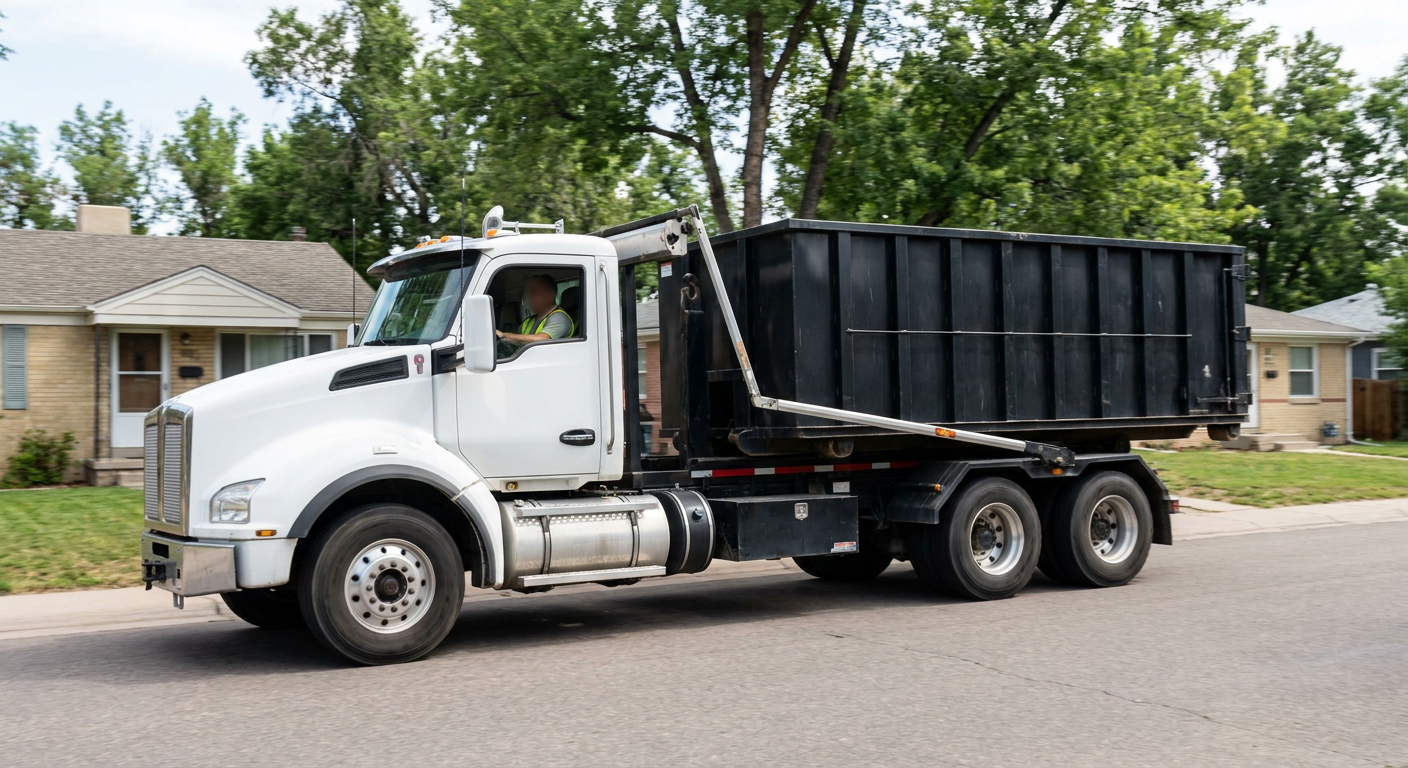 A wide documentary shot of a matte-black roll-off delivery truck pulling onto a quiet Pharr residential street at mid-morning, with neighborhood rooftops and tree-lined blocks visible behind, showing the metro coverage footprint.