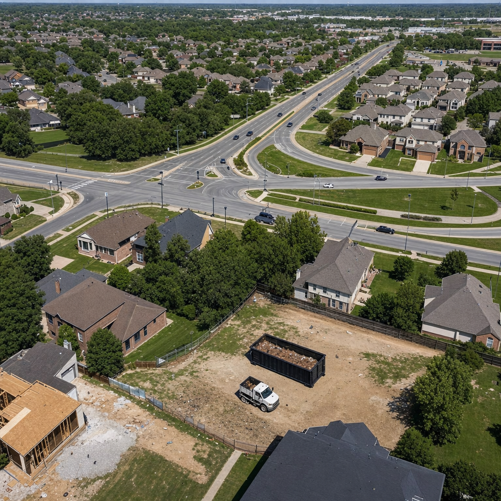An overhead documentary view of the Pharr metro area at midday, showing the spread of neighborhoods, arterial roads, and the dispatch radius from a central yard — clean daylight, organized geographic layout.