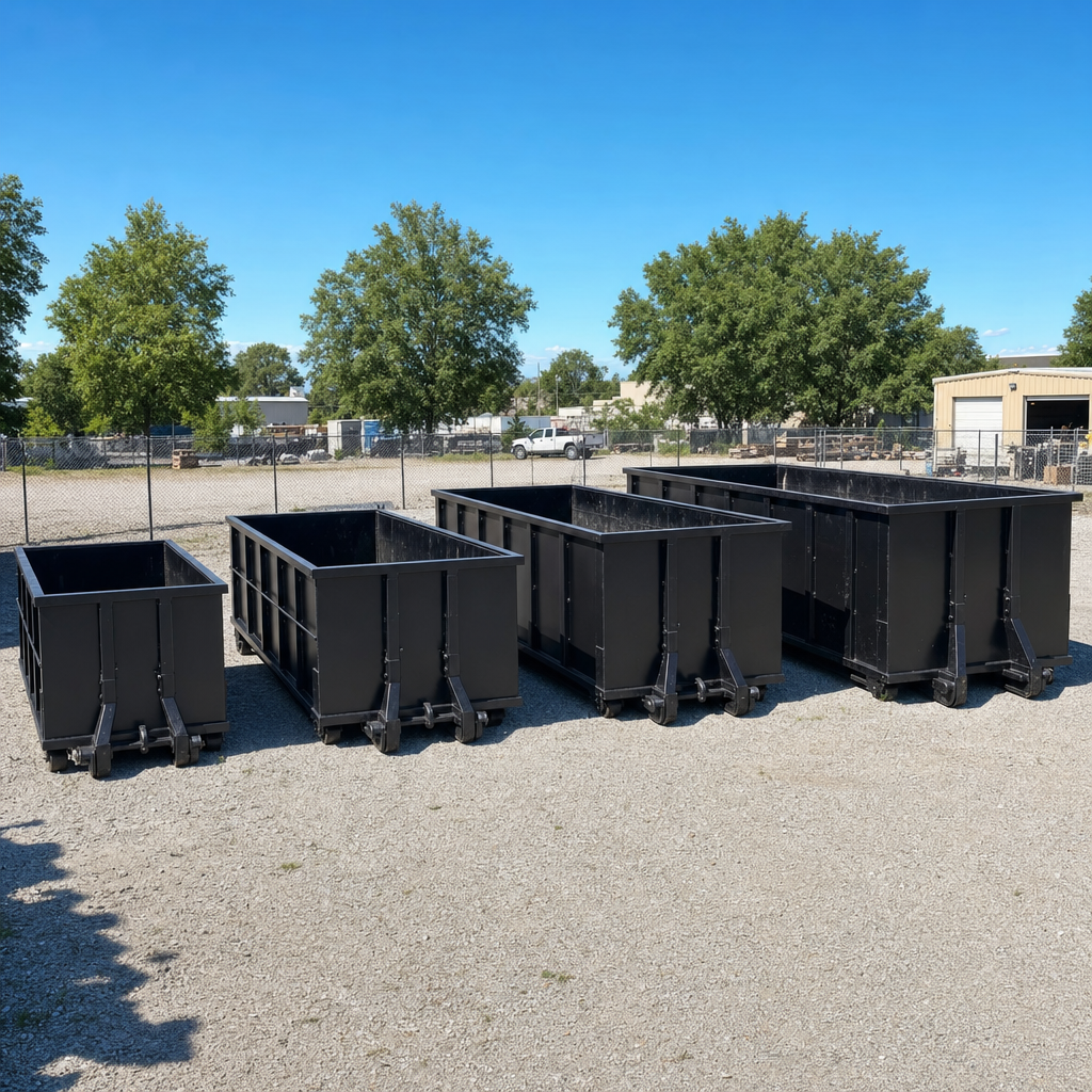 A clean lineup of matte-black roll-off dumpsters in 10, 20, 30, and 40-yard sizes staged on a sunlit gravel yard in Pharr, showing the size progression from compact to commercial-scale containers.
