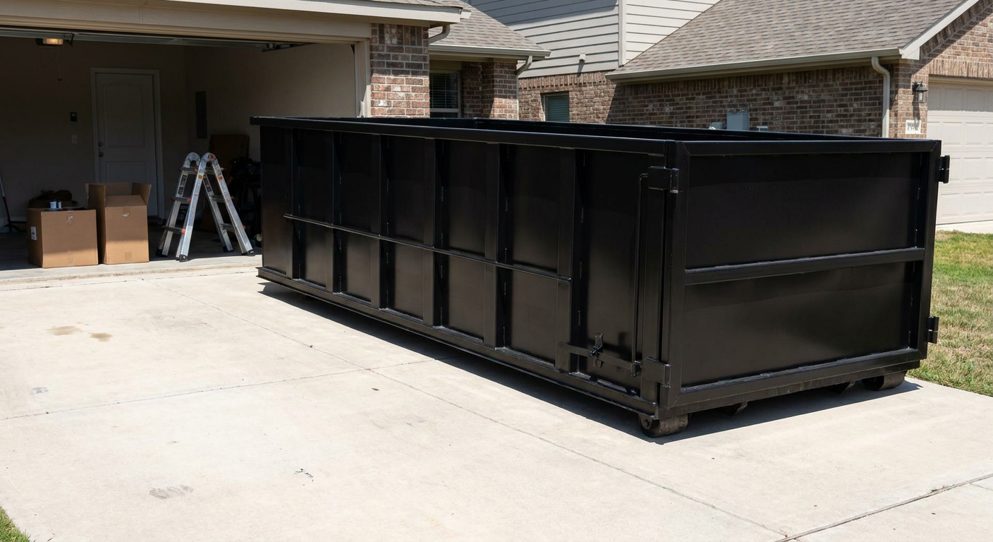 A matte-black 10-yard roll-off dumpster sitting directly on a residential Pharr concrete driveway, mid-day sunlight, clean and ready for a garage cleanout.