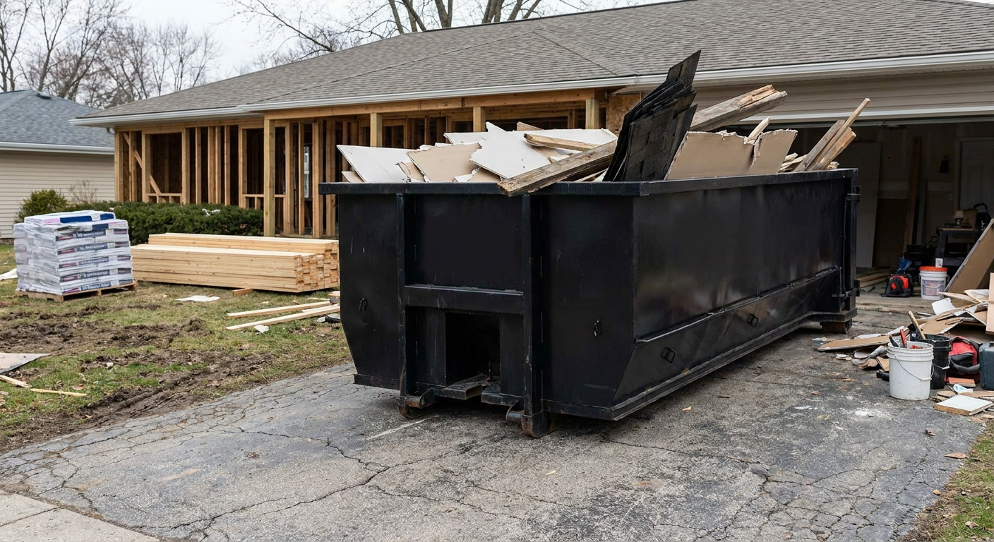 A matte-black 20-yard roll-off dumpster placed alongside a mid-renovation Pharr home directly on the asphalt driveway, with framing materials and torn-off shingles staged neatly nearby.