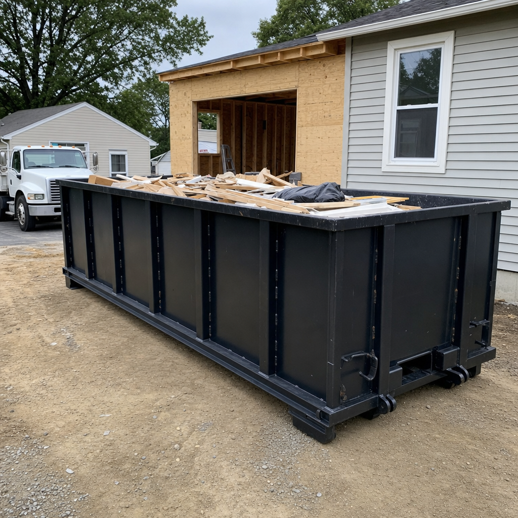A matte-black 30-yard roll-off dumpster positioned at a Pharr residential addition jobsite, with framing lumber and drywall scraps loaded through the open swinging rear doors.