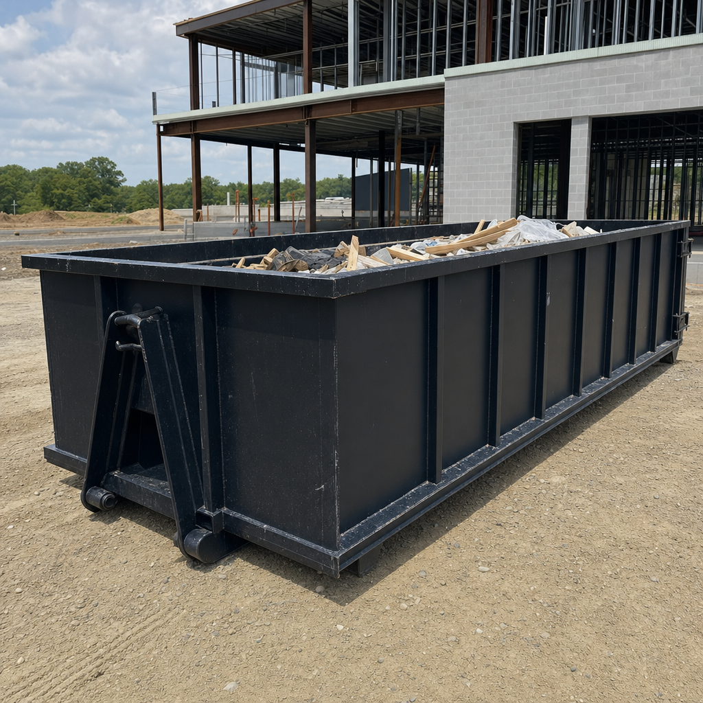 A matte-black 40-yard roll-off dumpster staged on a large Pharr commercial construction lot, with a hooklift delivery truck parked alongside under bright midday sky.