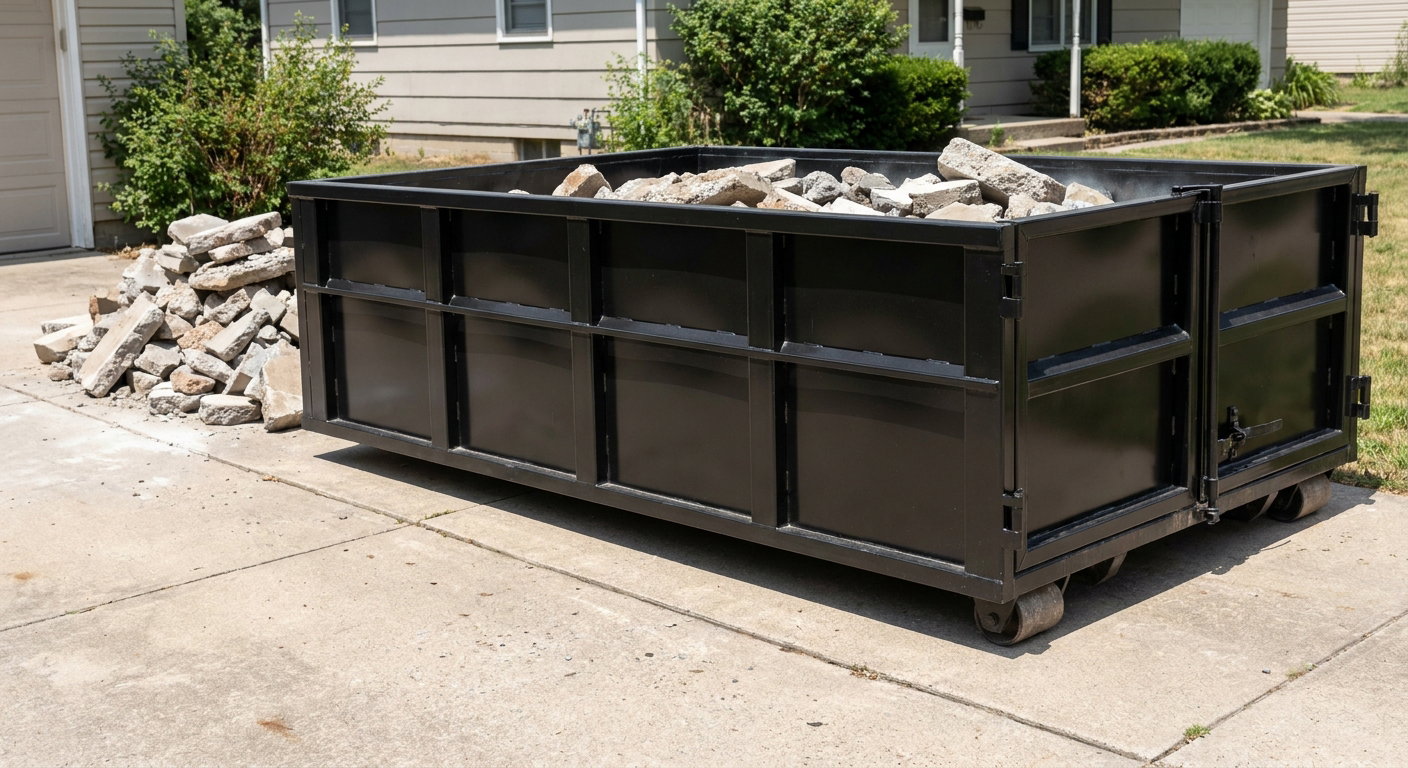 A matte-black low-side heavy-debris roll-off dumpster placed directly on a Pharr concrete driveway, with broken concrete chunks neatly stacked beside it under clean daylight.